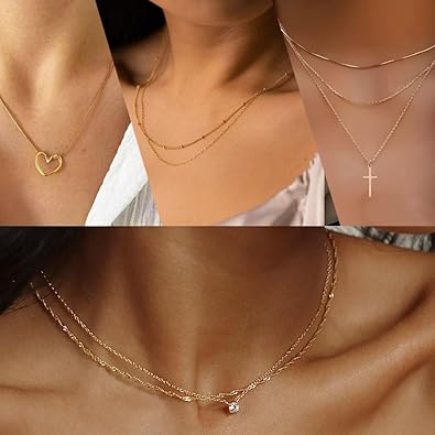 16Pcs Gold Necklaces Set for Women 14k Gold Plated Dainty Trendy Pendant Chain Choker Pack Multilayer Necklace Set for Women Adjustable Jewelr
