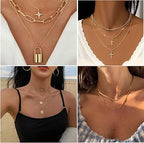 73 Pcs Gold Jewelry Set with 6Pcs Layered Necklace, 11 Pcs anklet and 7Pcs Earring Ear Cuff,12Hoop Earrings ,15pcs Rings,21pcs stud earrings Jewerly set for Women Pack for Friendship Party Gift