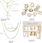 73 Pcs Gold Jewelry Set with 6Pcs Layered Necklace, 11 Pcs anklet and 7Pcs Earring Ear Cuff,12Hoop Earrings ,15pcs Rings,21pcs stud earrings Jewerly set for Women Pack for Friendship Party Gift