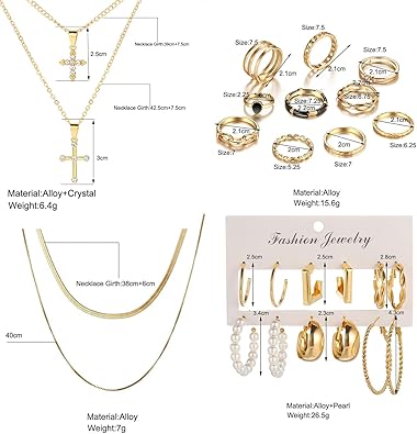 73 Pcs Gold Jewelry Set with 6Pcs Layered Necklace, 11 Pcs anklet and 7Pcs Earring Ear Cuff,12Hoop Earrings ,15pcs Rings,21pcs stud earrings Jewerly set for Women Pack for Friendship Party Gift