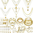 73 Pcs Gold Jewelry Set with 6Pcs Layered Necklace, 11 Pcs anklet and 7Pcs Earring Ear Cuff,12Hoop Earrings ,15pcs Rings,21pcs stud earrings Jewerly set for Women Pack for Friendship Party Gift