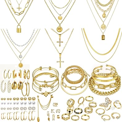 73 Pcs Gold Jewelry Set with 6Pcs Layered Necklace, 11 Pcs anklet and 7Pcs Earring Ear Cuff,12Hoop Earrings ,15pcs Rings,21pcs stud earrings Jewerly set for Women Pack for Friendship Party Gift