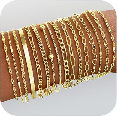 16 PCS Gold Bracelets for Women, Dainty Bracelets Set for Women Trendy, Gold Stackable Cuban Link Paperclip Chain Bracelet Pack Jewelry Gifts for Women