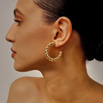 12 Pairs Chunky Gold Hoop Earrings for Women Trendy, Gold Plated Lightweight Hypoallergenic Stack, Thick Open Twisted Huggie Hoops Earring Set