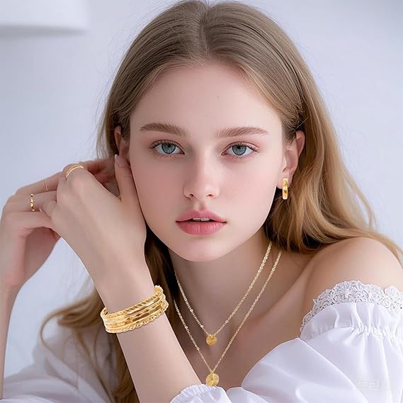 34pcs Gold Jewelry Set for Women Multi Layered Necklace Knuckle Rings Stackable Bracelets Dainty Earrings Fashion Jewelry set Anniversary Birthday Valentine Gift Pack for Women Girls