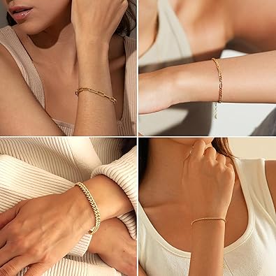 16 PCS Gold Bracelets for Women, Dainty Bracelets Set for Women Trendy, Gold Stackable Cuban Link Paperclip Chain Bracelet Pack Jewelry Gifts for Women