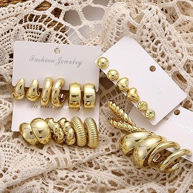 12 Pairs Chunky Gold Hoop Earrings for Women Trendy, Gold Plated Lightweight Hypoallergenic Stack, Thick Open Twisted Huggie Hoops Earring Set