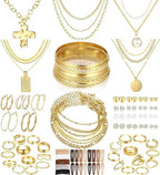 FANDY 137 Pieces Gold Jewelry Set for Women, 12 Necklace, 14 Bracelet, 21 Earrings, 24 Knuckle Rings, 66 Hair Accessory Gold Plated Jewelry Set for Women Gift