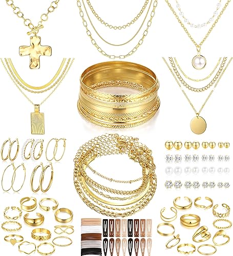 FANDY 137 Pieces Gold Jewelry Set for Women, 12 Necklace, 14 Bracelet, 21 Earrings, 24 Knuckle Rings, 66 Hair Accessory Gold Plated Jewelry Set for Women Gift