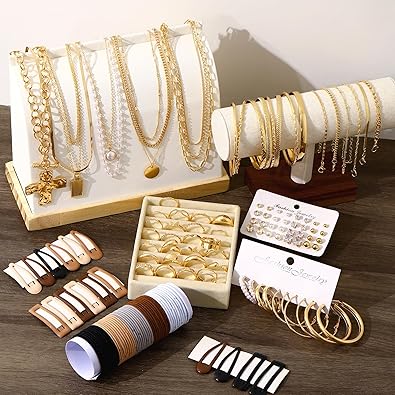 FANDY 137 Pieces Gold Jewelry Set for Women, 12 Necklace, 14 Bracelet, 21 Earrings, 24 Knuckle Rings, 66 Hair Accessory Gold Plated Jewelry Set for Women Gift