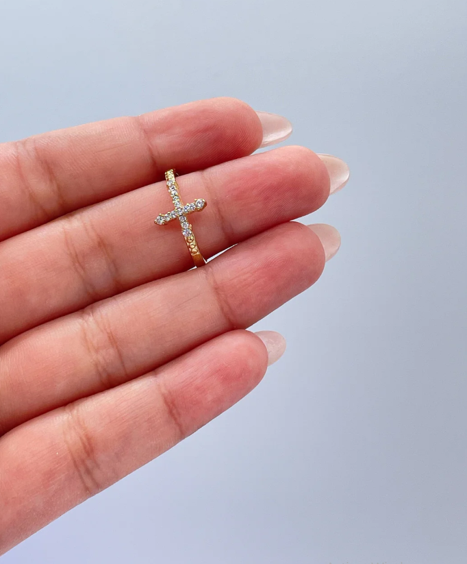 Anillo de cruz de circonita cúbica con cuentas medianas bañado en oro de 18 quilates, joya cruzada, anillo delicado