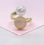 Anillo doble ajustable relleno de oro de 18 quilates con perla y circonita cúbica