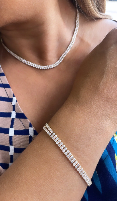 18k Gold Filled Double Rowed Cubic CZ Tennis Chain Choker and Bracelet Set, For Her, Nightlife, Jewlery