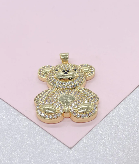 Dije de oso de circonita cúbica plano y esponjoso relleno de oro de 18 quilates para hacer joyas o collares.