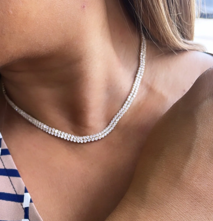 18k Gold Filled Double Rowed Cubic CZ Tennis Chain Choker and Bracelet Set, For Her, Nightlife, Jewlery