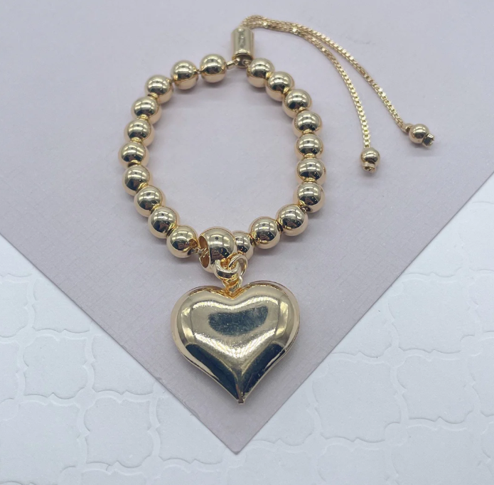 18k Gold Layered Adjustable Gold Beaded Bracelet Featuring Chunky Plain Gold