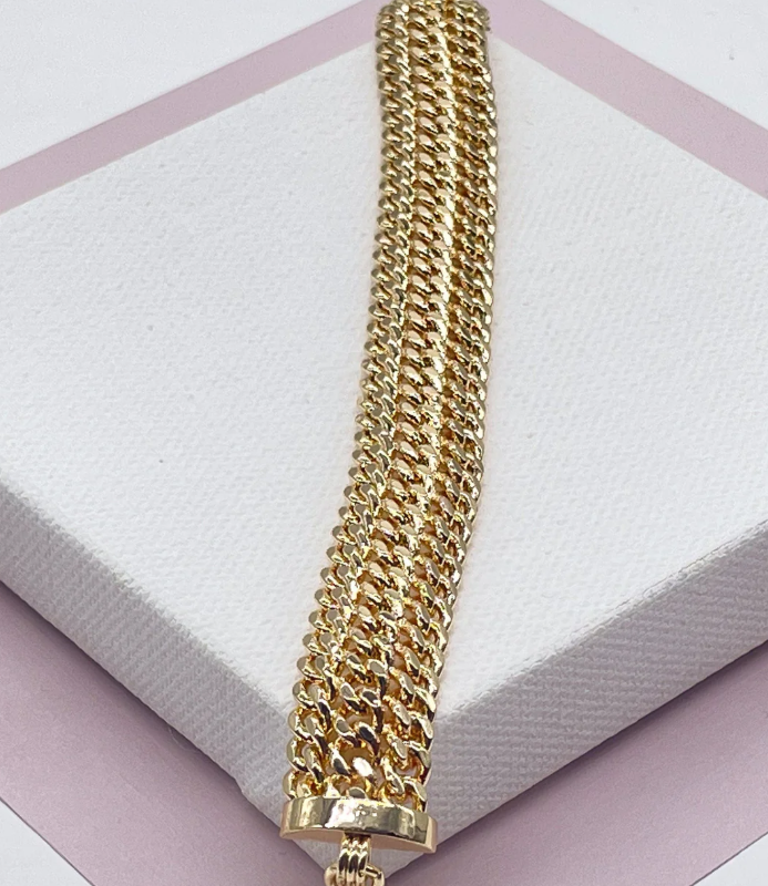 Pulsera gruesa en capas de oro de 18 quilates con tres eslabones cubanos conectados uno al lado del otro