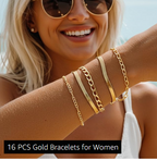 16 PCS Gold Bracelets for Women, Dainty Bracelets Set for Women Trendy, Gold Stackable Cuban Link Paperclip Chain Bracelet Pack Jewelry Gifts for Women