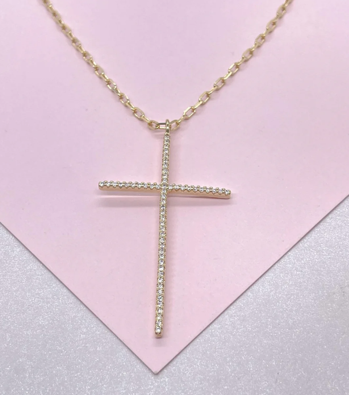 Colgante de cruz de circonita cúbica ultrafina de 1,5 mm bañado en oro de 18 quilates con cadena de clip