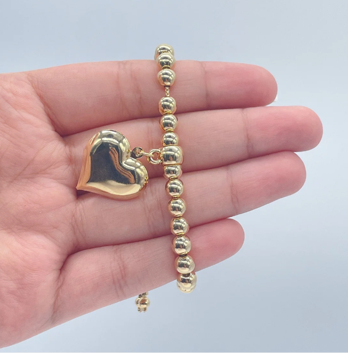 18k Gold Layered Adjustable Gold Beaded Bracelet Featuring Chunky Plain Gold