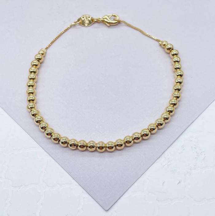 Pulsera clásica de cuentas de 4 mm en oro de 18 quilates, pulsera de bolas lisas de oro