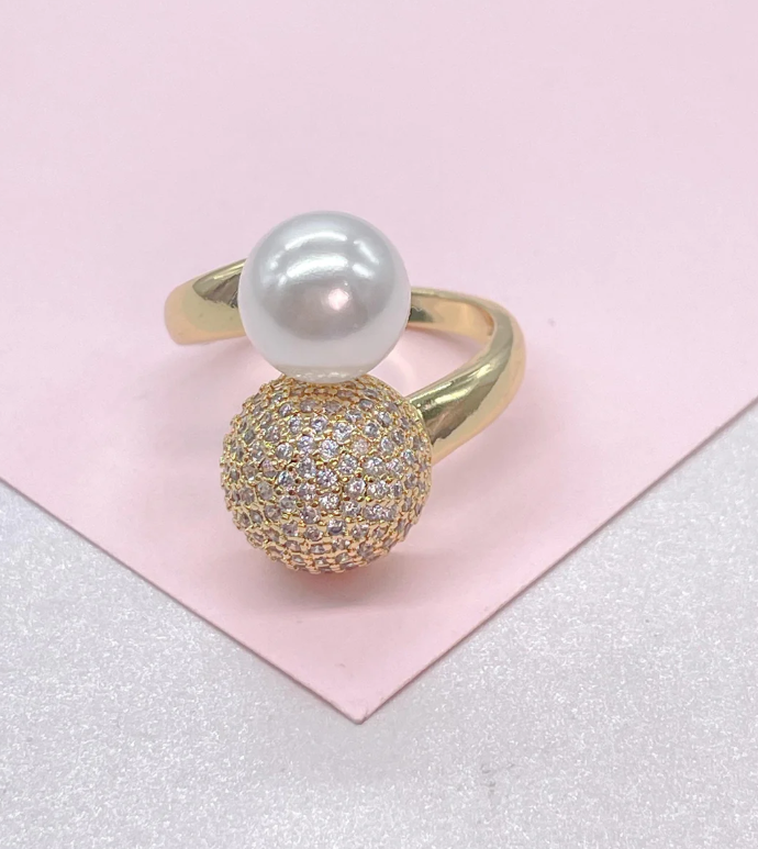 Anillo doble ajustable relleno de oro de 18 quilates con perla y circonita cúbica