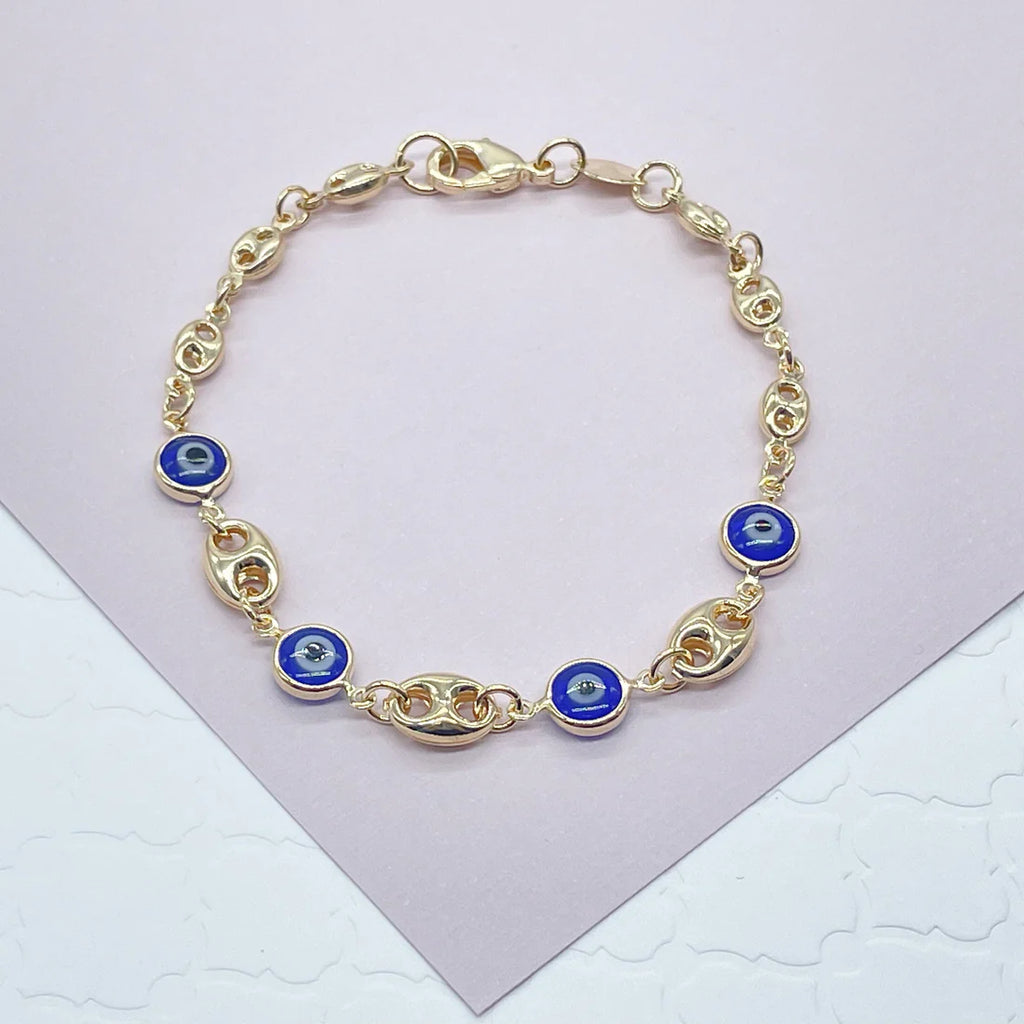 18k Gold Filled Marine Link Mixed Blue Eye Bracelet And Necklace Set