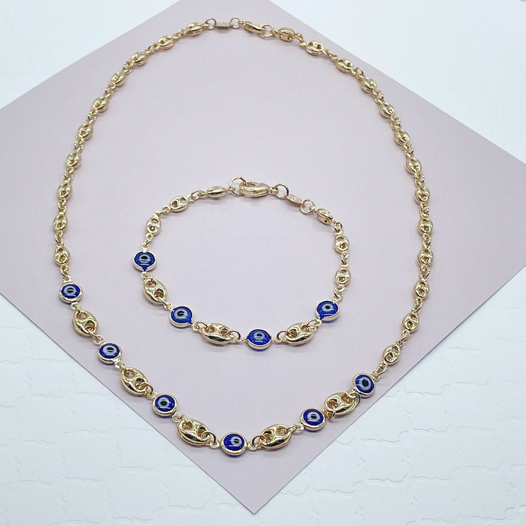18k Gold Filled Marine Link Mixed Blue Eye Bracelet And Necklace Set
