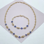 18k Gold Filled Marine Link Mixed Blue Eye Bracelet And Necklace Set