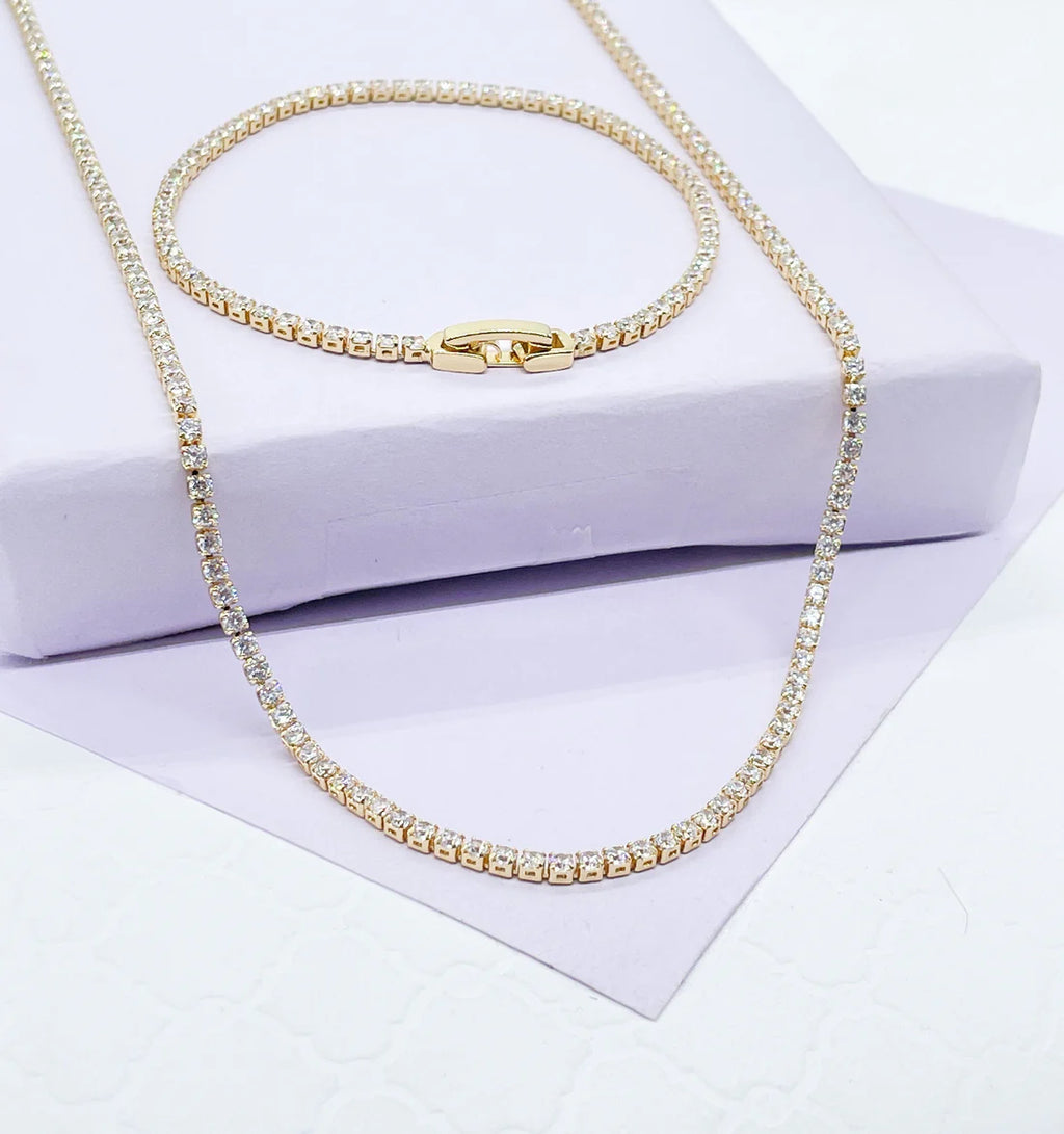 18k Gold Filled Dainty Thin Tennis Chain & Bracelet Set