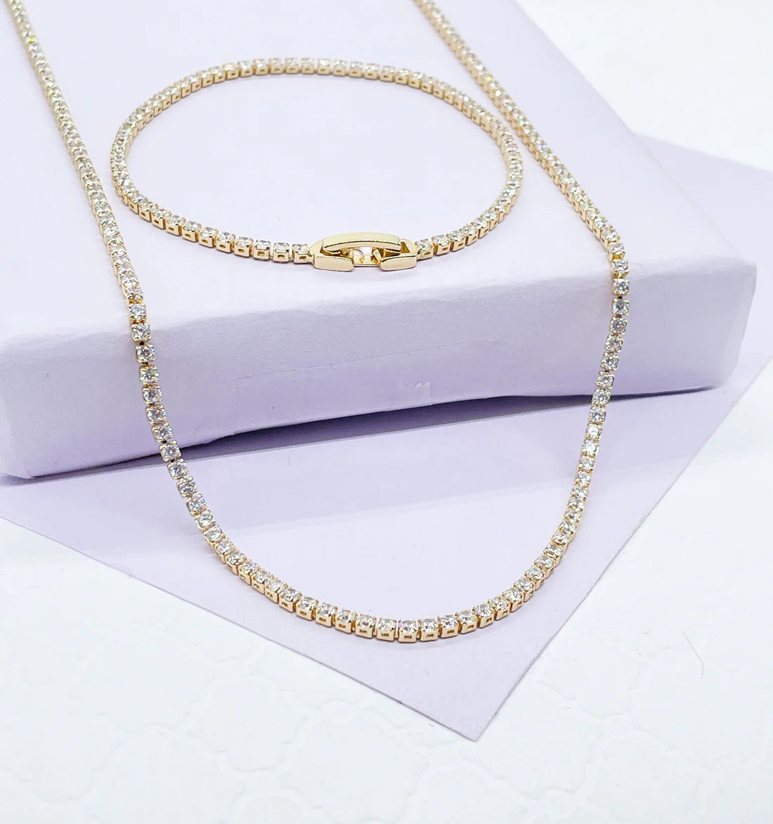 18k Gold Filled Dainty Thin Tennis Chain & Bracelet Set