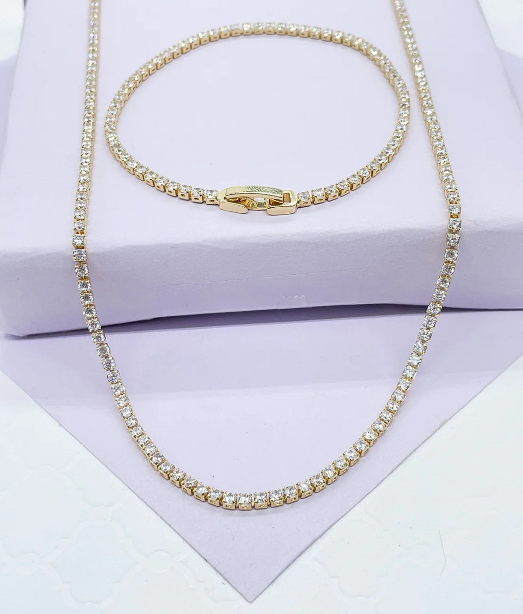 18k Gold Filled Dainty Thin Tennis Chain & Bracelet Set