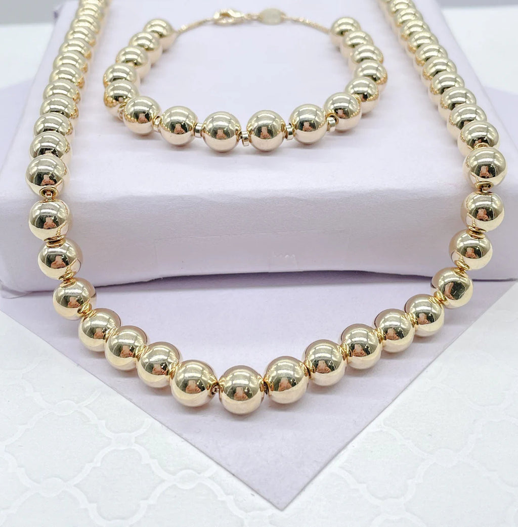 SET 18k Gold Layered 8mm Beaded Women’s Chain & Bracelet, Gold Plain Ball Beads Chain,Bracelet