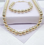 SET 18k Gold Layered 8mm Beaded Women’s Chain & Bracelet, Gold Plain Ball Beads Chain,Bracelet