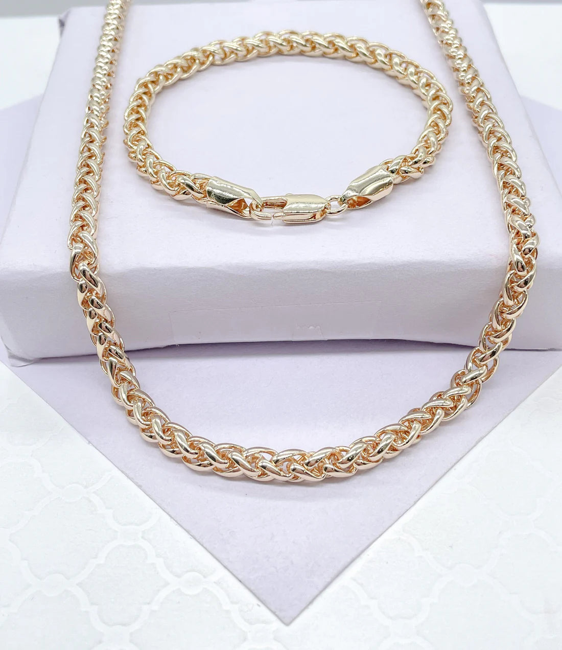 18K Gold Filled Unique Link 5mm Thick Braided Wheat Link Set, Statement Piece, Simple Jewlery