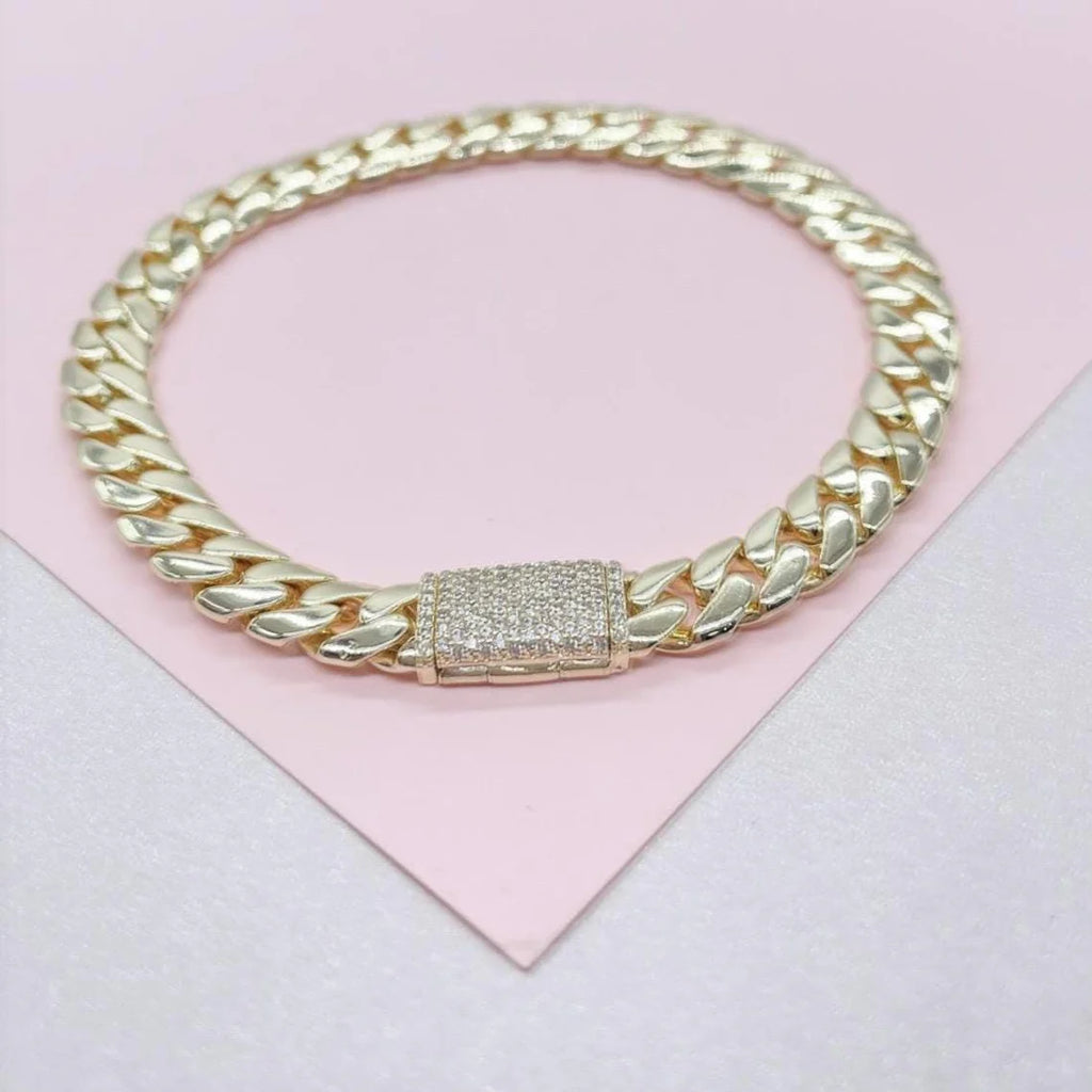 14k Gold Filled 6mm Monaco Link Bracelet with CZ Pave Embellished Clasp
