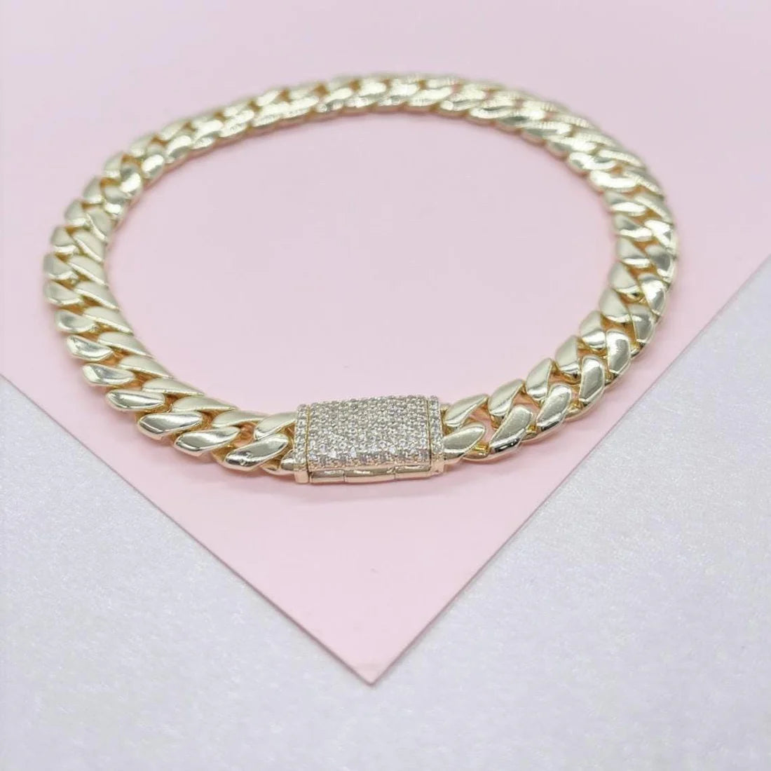 14k Gold Filled 6mm Monaco Link Bracelet with CZ Pave Embellished Clasp