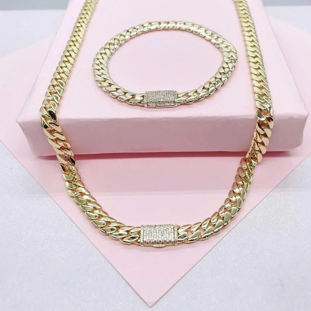 SET 14k Gold Filled 6mm Monaco Link Necklace Chain & Bracelet with CZ Pave Embellished Clasp