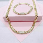 SET 14k Gold Filled 6mm Monaco Link Necklace Chain & Bracelet with CZ Pave Embellished Clasp