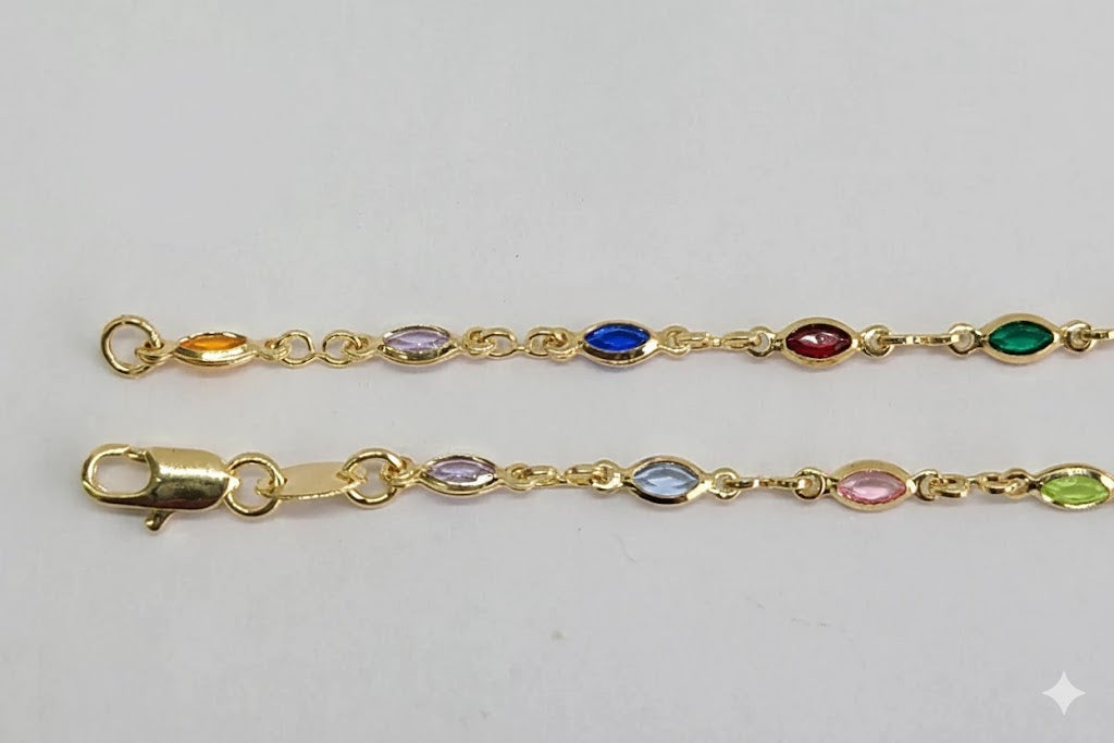 (1-0121) Gold Laminate - 3mm Multicolor Stones Link Anklets - 10" - BGF