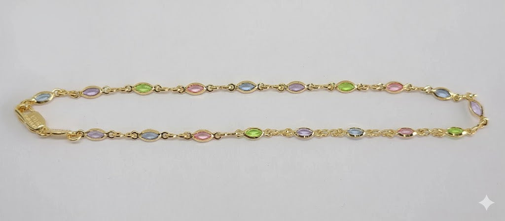 (1-0121) Gold Laminate - 3mm Multicolor Stones Link Anklets - 10" - BGF
