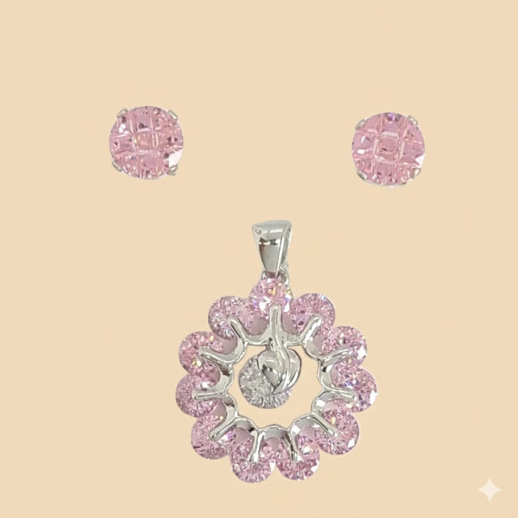 (2-6378) Plata de ley 925 - Conjunto de circonitas rosas.