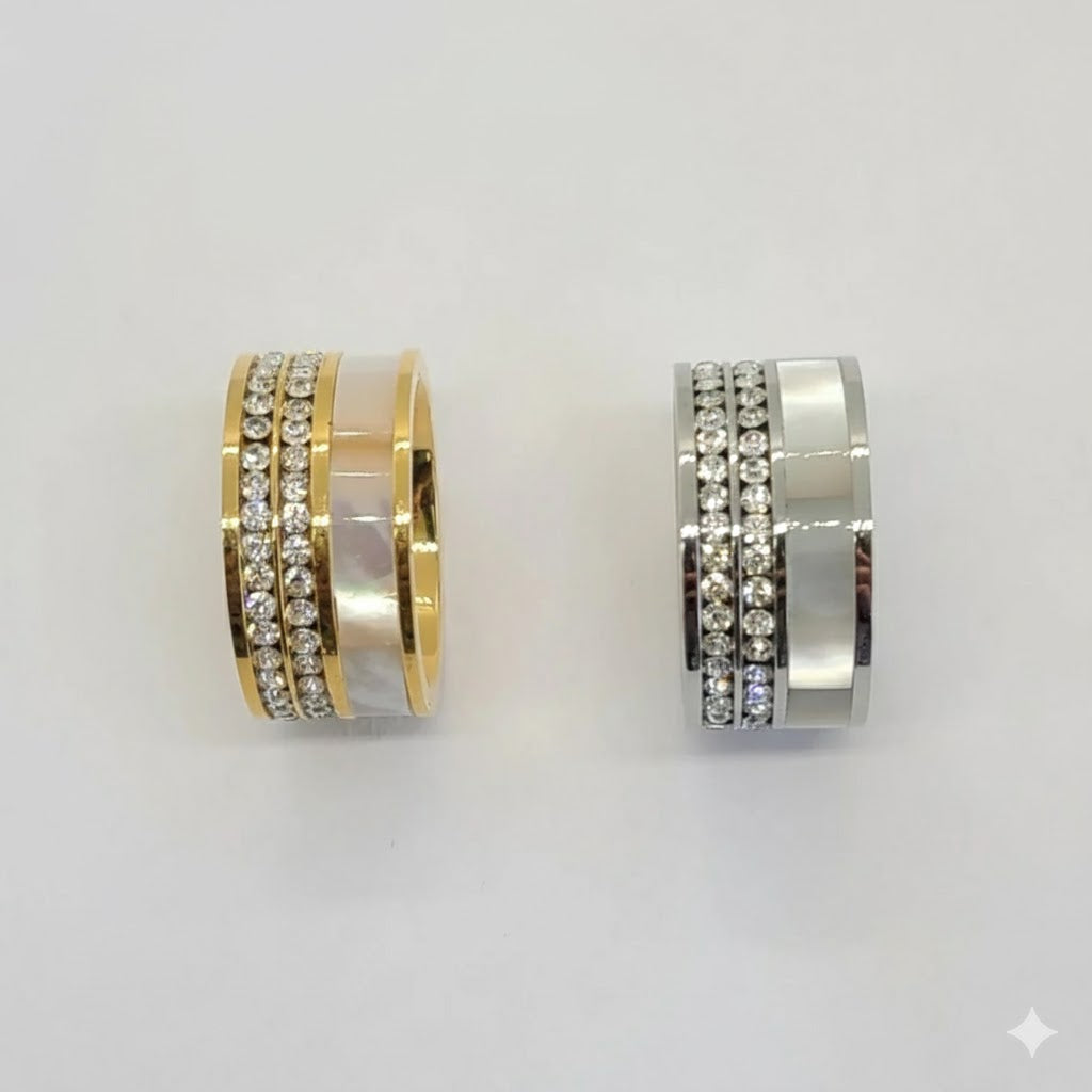 (4-0039) Stainless Steel - Zircon and Nacre Ring.