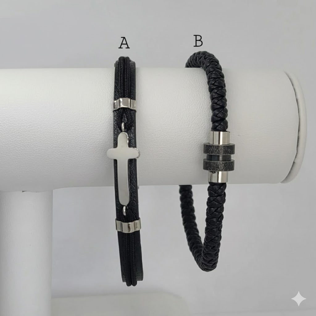 (MBRA-16-Q) Pulsera de acero inoxidable y cuero para hombre.