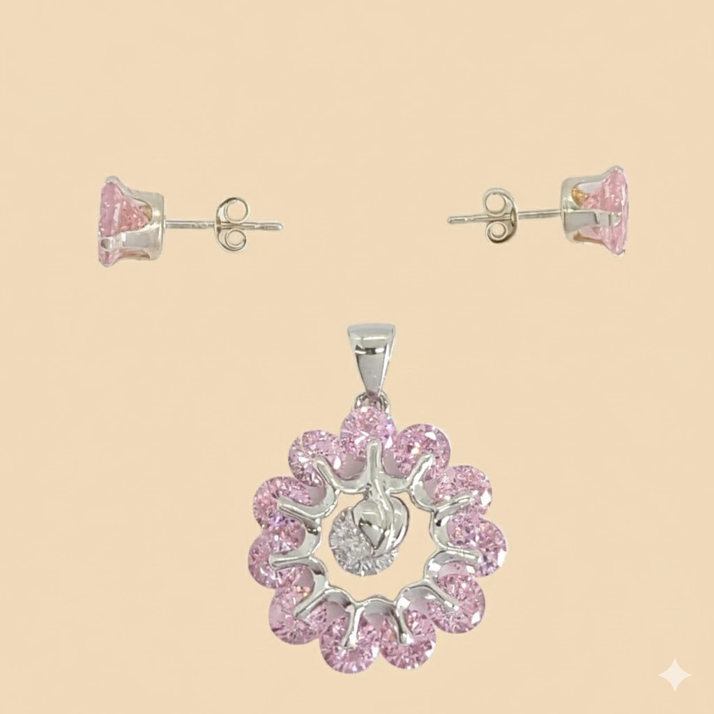 (2-6378) Plata de ley 925 - Conjunto de circonitas rosas.