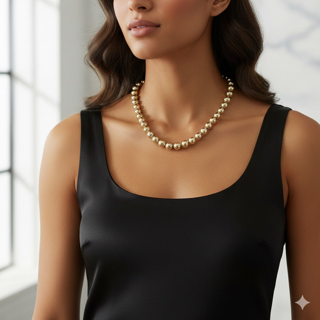 SET 18k Gold Layered 8mm Beaded Women’s Chain & Bracelet, Gold Plain Ball Beads Chain,Bracelet