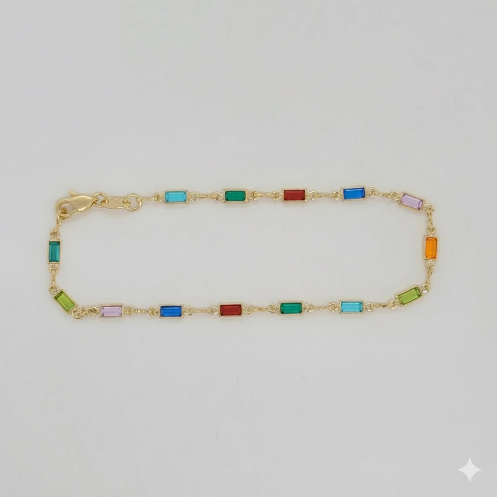 (1-0642) Pulsera de eslabones rectangulares multicolores de 3 mm laminados en oro - 19 cm - BGF