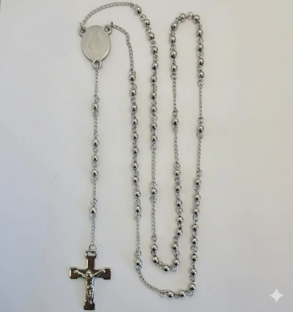 (4-6008) Stainless Steel - 5mm Rosary Necklace - 26".