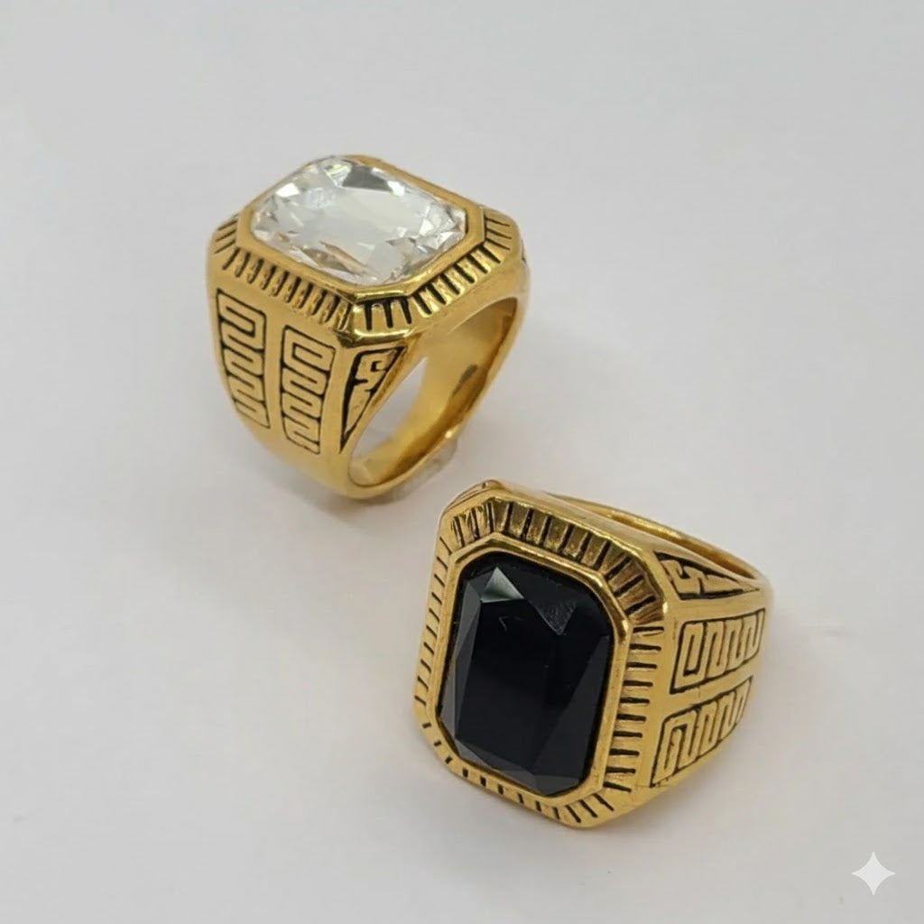 (4-0078) Stainless Steel - Zircon Carved Men Ring.