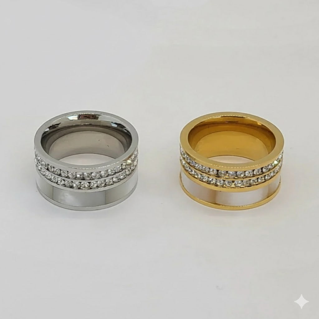 (4-0039) Stainless Steel - Zircon and Nacre Ring.